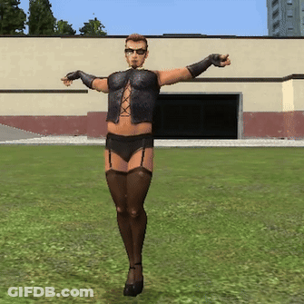 Man In Black Top And Stockings Standing With Arms Outstretched GIF
