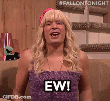 Man In Blonde Wig And Purple Dress Saying Ew GIF