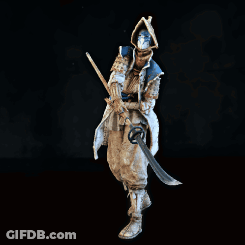 Man In Blue And White Outfit Holding Sword And Shield GIF