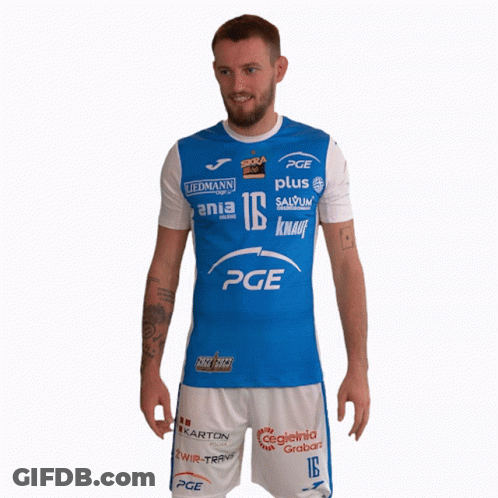 Man In Blue And White PGE Shirt Hand To Forehead GIF
