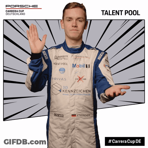 Man In Blue And White Porsche Racing Suit GIF