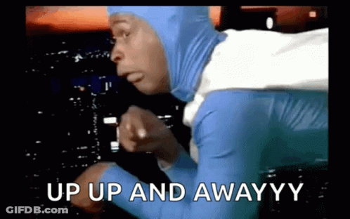 Man In Blue And White Superhero Costume Pointing Up Up And Awayyy GIF