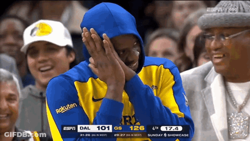 Man In Blue And Yellow Hoodie With Rakuten GIF