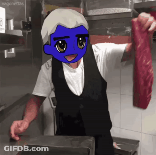Man In Blue Apron Holding Plate Saying Butcher GIF