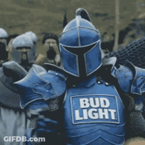 Man In Blue Armor With Bud Light Patch GIF