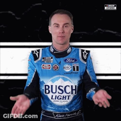 Man In Blue Busch Light Shirt With Outstretched Hands GIF