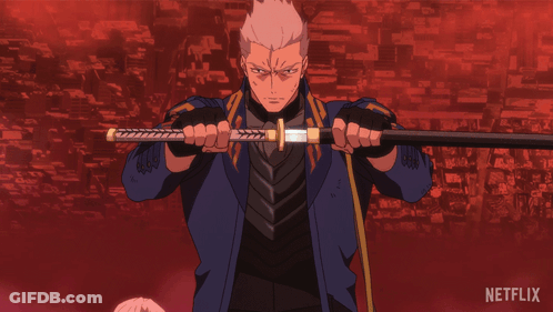Man In Blue Coat Holding Sword With Netflix Logo GIF