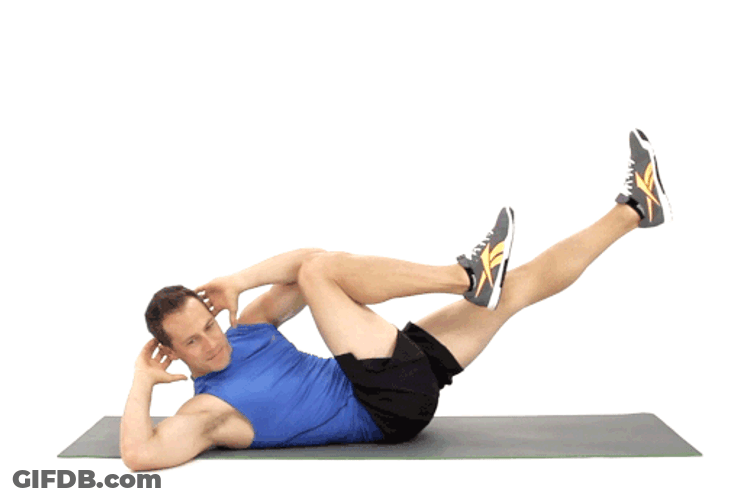Man In Blue Doing Bicycle Crunches Exercise GIF