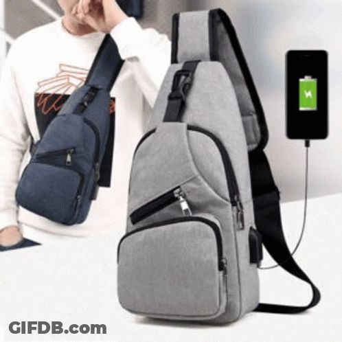 Man In Blue Gray Sling Bag With Phone GIF