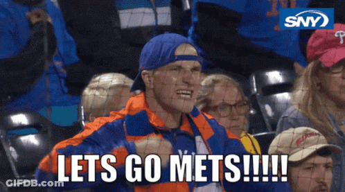 Man In Blue Hat And Orange Jacket Saying Lets Go Mets GIF