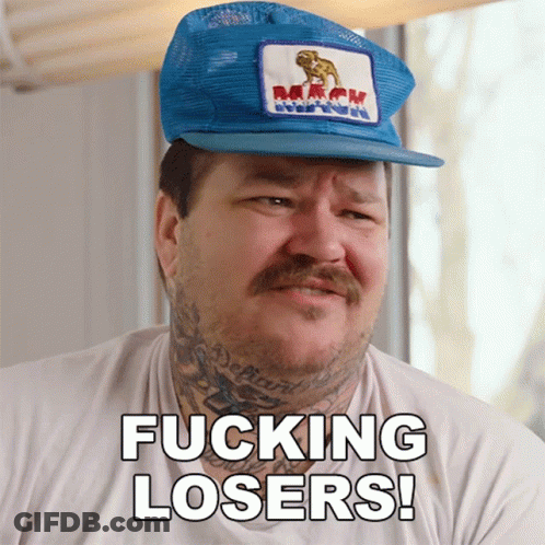 Man In Blue Hat And White Shirt Saying Fucking Losers GIF