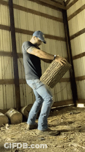 Man In Blue Hat Holding Log GIF