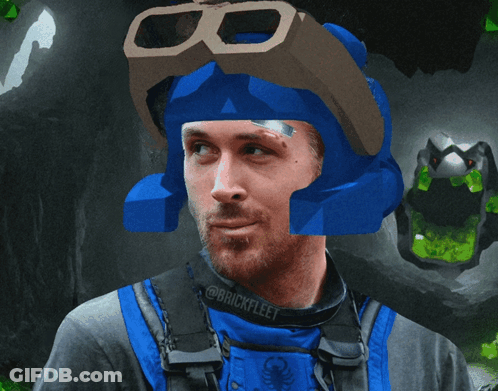 Man In Blue Helmet And Goggles Brickfleet Shirt GIF
