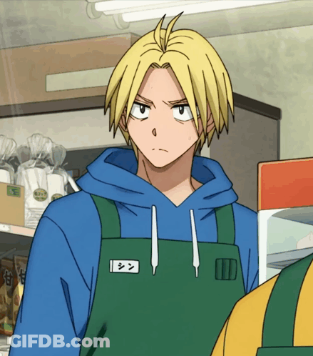 Man In Blue Hoodie And Green Apron Labeled シン GIF