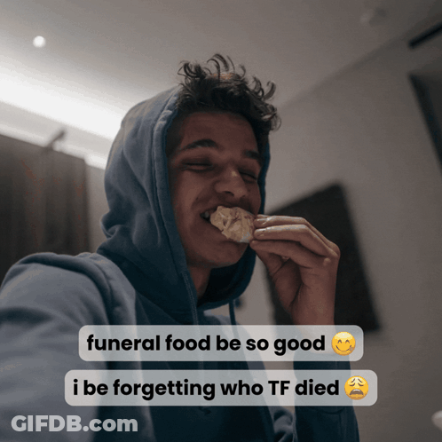 Man In Blue Hoodie Eating Funeral Food GIF