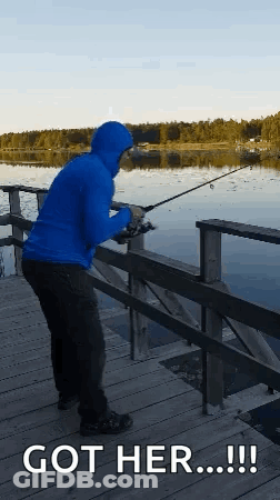 Man In Blue Hoodie Fishing With Got Her GIF