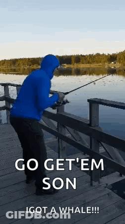 Man In Blue Hoodie Fishing With Whale GIF