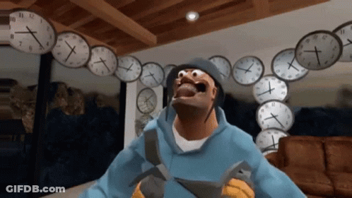 Man In Blue Hoodie Surrounded By Clocks At 1 And 12 GIF