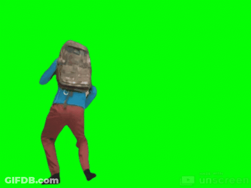 Man In Blue Jacket And Red Pants With Backpack GIF