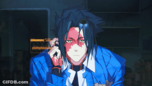 Man In Blue Jacket And Tie With Red Face And Green Eyes GIF