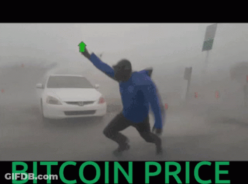 Man In Blue Jacket Holding Green Arrow Bitcoin Price GIF