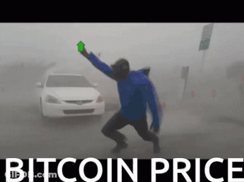 Man In Blue Jacket Holding Green Arrow Bitcoin Price GIF