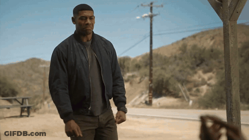 Man In Blue Jacket In Front Of Mountain GIF