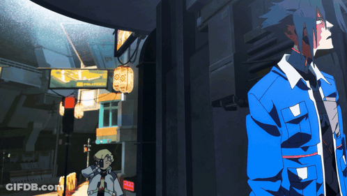 Man In Blue Jacket In Front Of Samurai Sign GIF