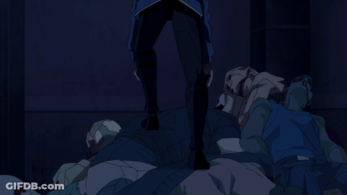 Man In Blue Jacket Over People Laying On Ground GIF