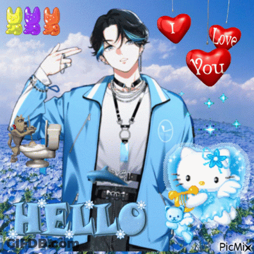 Man In Blue Jacket Surrounded By Hello Kitty And Gummy Bears GIF