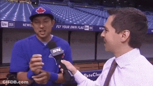 Man In Blue Jays Hat Interviewed By Man In Suit GIF