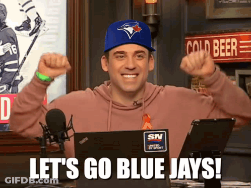 Man In Blue Jays Hat Saying Let's Go Blue Jays In Front Of Laptop GIF