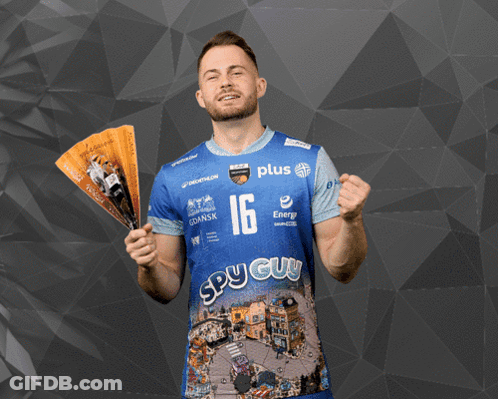 Man In Blue Jersey Number 16 Holding Fan GIF