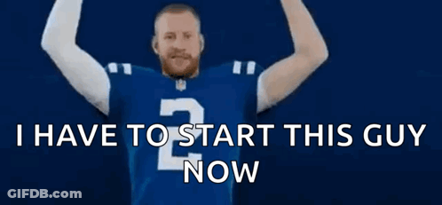 Man In Blue Jersey With Letter P Arms Outstretched GIF