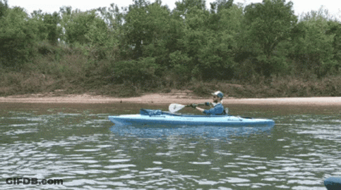 Man In Blue Kayak With Paddle GIF