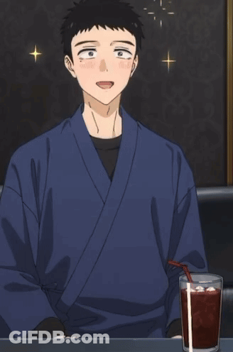 Man In Blue Kimono With Iced Tea GIF