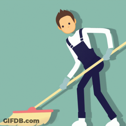 Man In Blue Overalls Holding Mop GIF