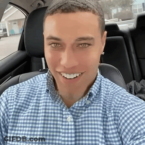 Man In Blue Plaid Shirt Smiling In Car GIF