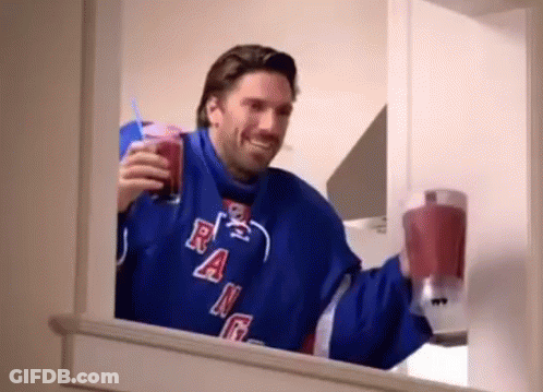 Man In Blue Rangers Jersey Drinking Smoothie GIF