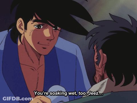 Man In Blue Robe Saying You're Soaking Wet Too Jeez GIF