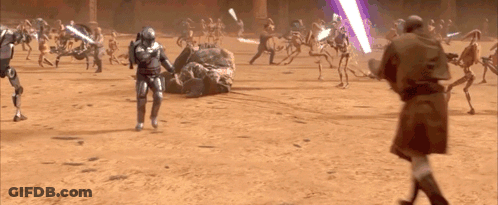 Man In Blue Robe Standing Next To Storm Trooper GIF