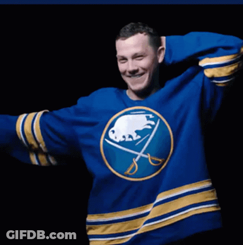 Man In Blue Sabres Jersey Smiling GIF