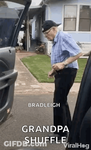 Man In Blue Shirt And Black Pants Next To Car GIF