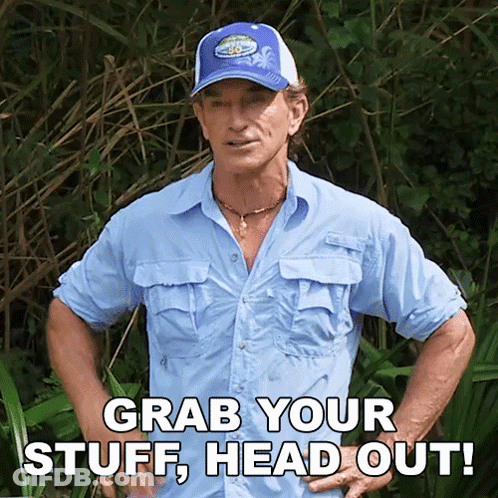 Man In Blue Shirt And Hat Says Grab Your Stuff Head Out GIF