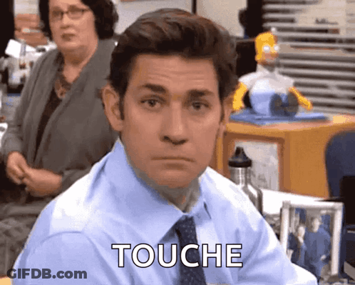 Man In Blue Shirt And Tie Saying Touche GIF