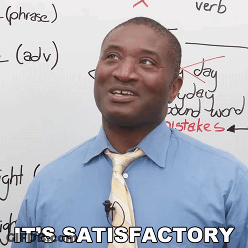 Man In Blue Shirt And Tie With Board Saying It's Satisfactory GIF