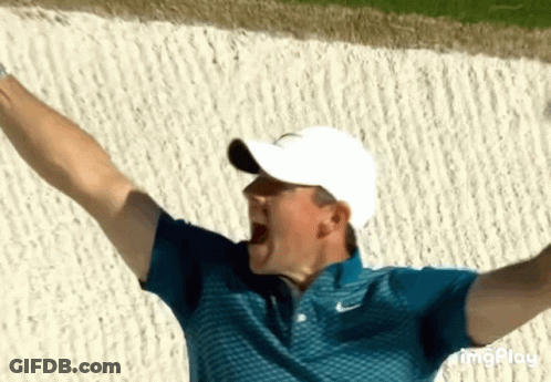 Man In Blue Shirt And White Hat Raising Arms GIF