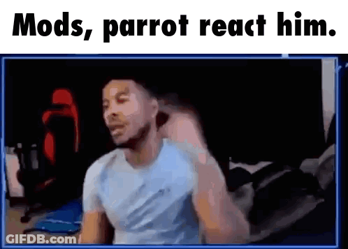 Man In Blue Shirt At Computer Saying Mods Parrot React Him GIF