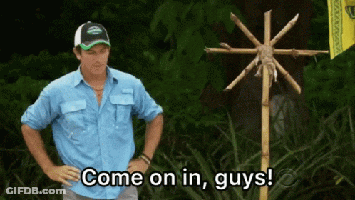 Man In Blue Shirt At Cross Saying Come On In Guys GIF