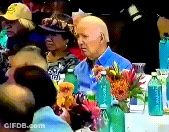 Man In Blue Shirt At Table With Flowers And Aquafina Bottles GIF